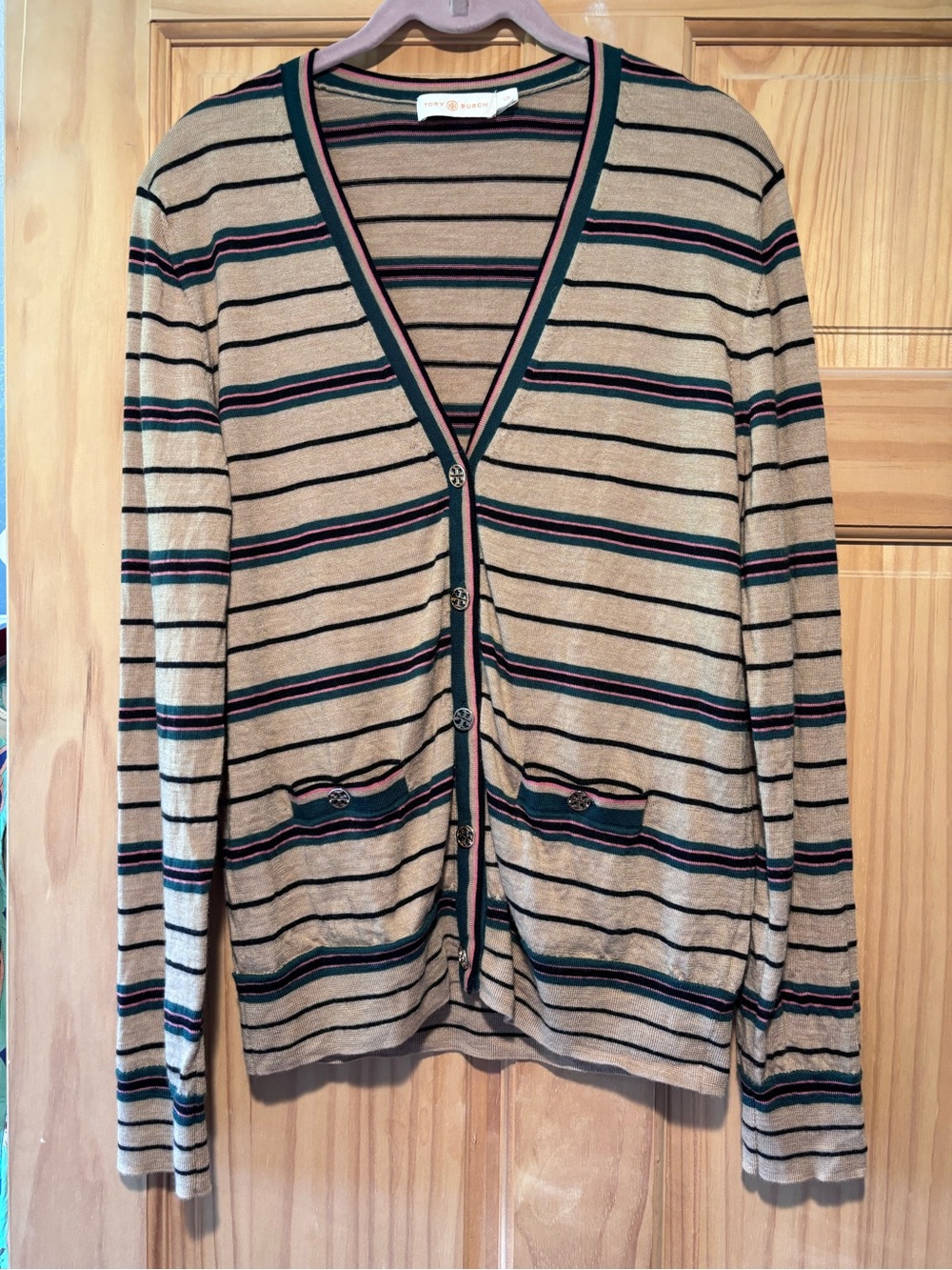 Tory Burch Tan Stripe V-Neck Cardigan with Green and Black Trim